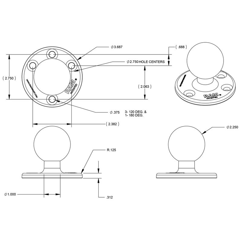 RAM Mounts Large Round Plate with Ball RAM-D-202U with D Size 2.25" Ball - Image 4